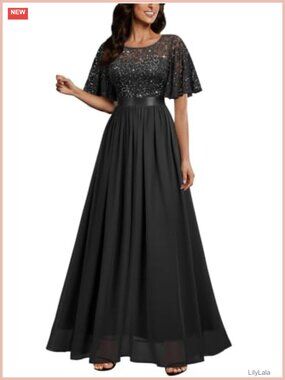 Sequin Lace Scoop Neck Short Sleeve A Line Maxi Dress Formal Evening